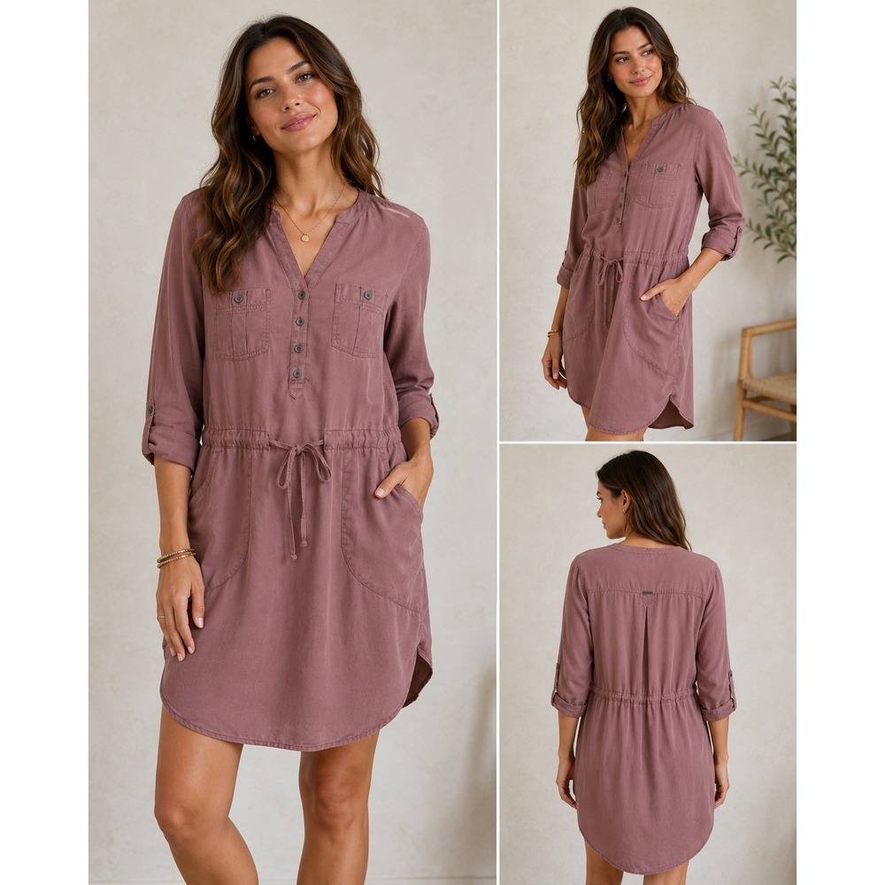 prAna Mauve Tencel Shirt Dress Henley Drawstring Waist Roll-Tab Sleeve Medium